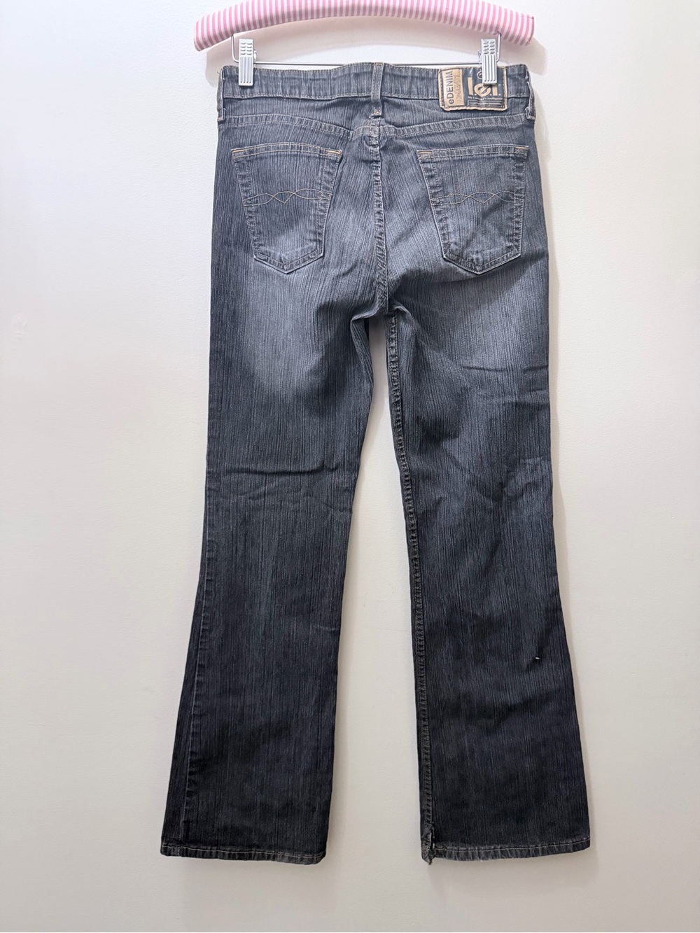 Vintage 90s L.e.i Black Pin Striped Denim Jeans Mid Rise Bootcut Flare 9 28”